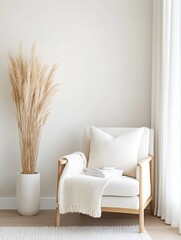 Serene Minimalist Living Room Corner - Calm, cozy, and stylish.  Neutral tones, soft textures, natural elements create a peaceful ambiance. Relaxation, comfort, and simple elegance are symbolized.