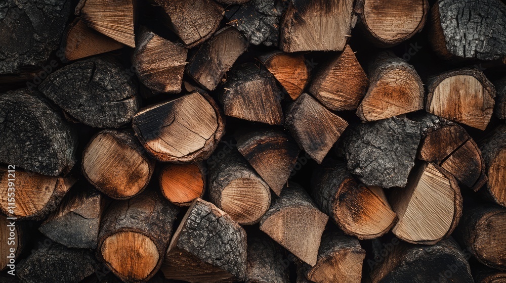Poster pile of firewood neatly arranged by a warm fireplace with glowing embers creating a cozy and invitin