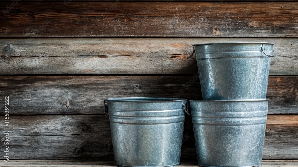 Poster rustic display of three empty galvanized buckets against a weathered wooden backdrop in a charming c