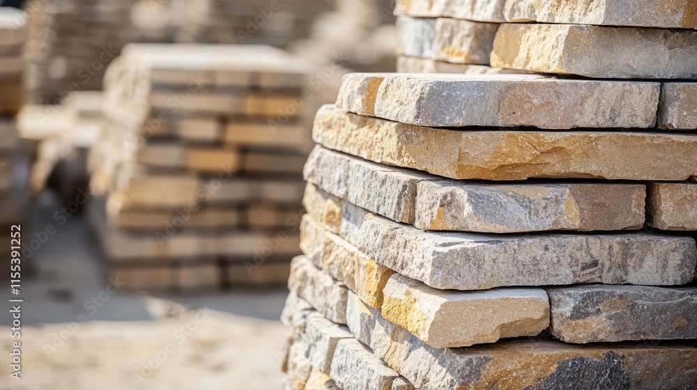 Poster stacks of solid bricks for landscaping and construction with selective focus on textured surfaces an