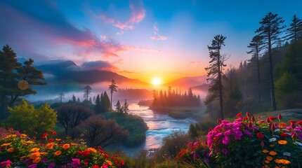 Spring Forest Mountain River in Sunrise