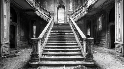 Abandoned grand staircase in an old derelict building showcasing intricate details and decaying architecture in black and white. © Giovanni