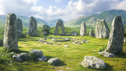 Ancient standing stones arranged in a cruciform layout surrounding a central stone circle amidst a picturesque green landscape