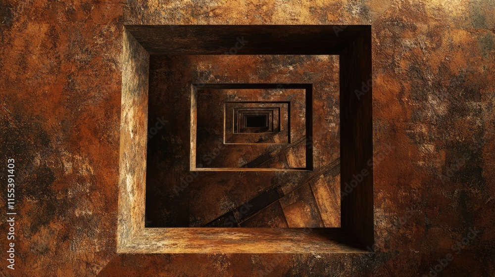 Poster abstract view of descending stairwells featuring a rich brown color palette and geometric shapes cre