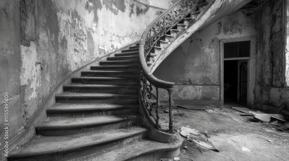 Aufkleber abandoned staircase in a dilapidated building showcasing intricate iron railing and weathered walls 