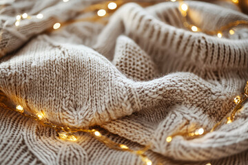 Close-up of a creamy knitted sweater, yarn, with warm string lights,  radiating cozy winter vibes. Festive mockup for lifestyle, hygge-inspired designs. Generative ai	