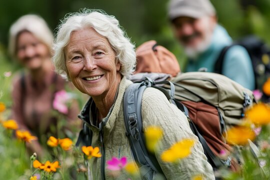 A joyful senior woman smiles brightly as she hikes through a field of colorful flowers with friends, representing adventure, community, and the beauty of nature.