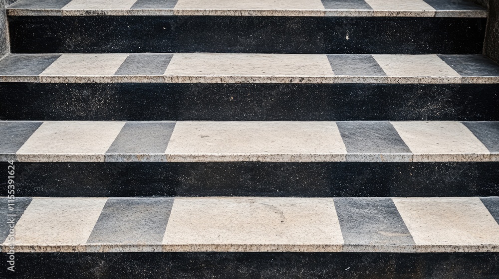Poster closeup of a vintage stairway featuring alternating black and white striped patterns on steps creati