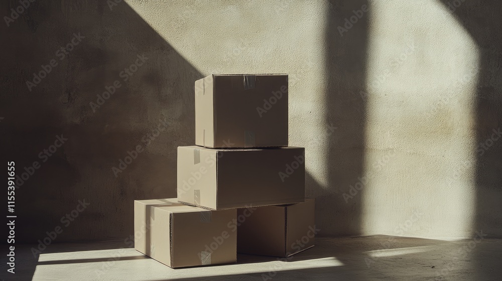 Poster stacked cardboard boxes in a minimalist setting representing logistics storage and packaging solutio