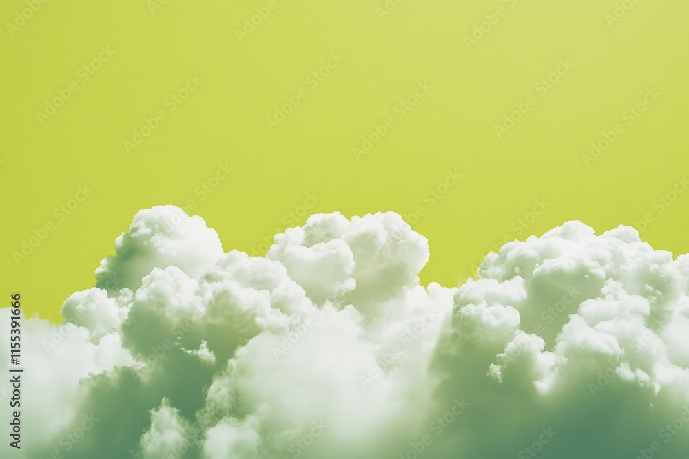 Poster Large, fluffy white clouds float beneath a vibrant yellow sky, creating a serene and tranquil scene that evokes feelings of calm and peacefulness in the atmosphere.