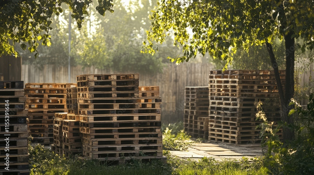 Poster stacks of wooden pallets in a serene outdoor setting with dappled sunlight filtering through trees a