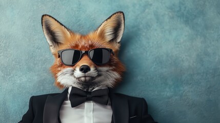 A fashionable fox character wears a tuxedo and sunglasses, exuding a confident and cool demeanor against a textured blue background.