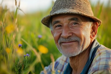 Fototapeta premium An older man wearing a rustic hat, surrounded by wildflowers, smiles gently, capturing the spirit of tranquility and the simple joys of life outdoors.