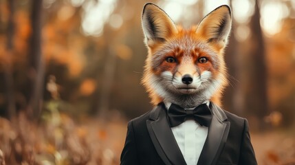 A fox head character wearing a formal tuxedo in a beautiful autumn forest, blending the wild and sophisticated in a unique artistic expression.