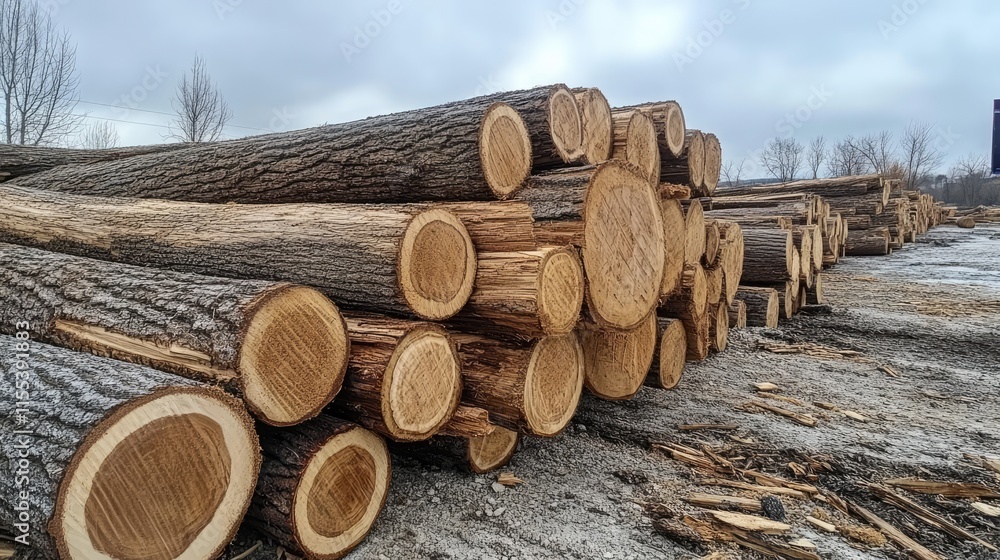 Aufkleber stack of freshly cut tree trunks arranged neatly in a lumber yard against a cloudy sky depicting tim
