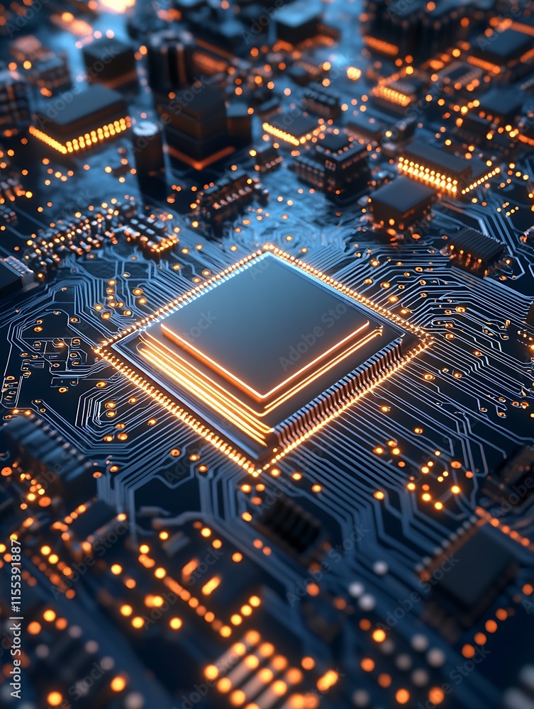 Poster CloseUp of Computer Microchip with Glowing Circuit Connections : Generative AI