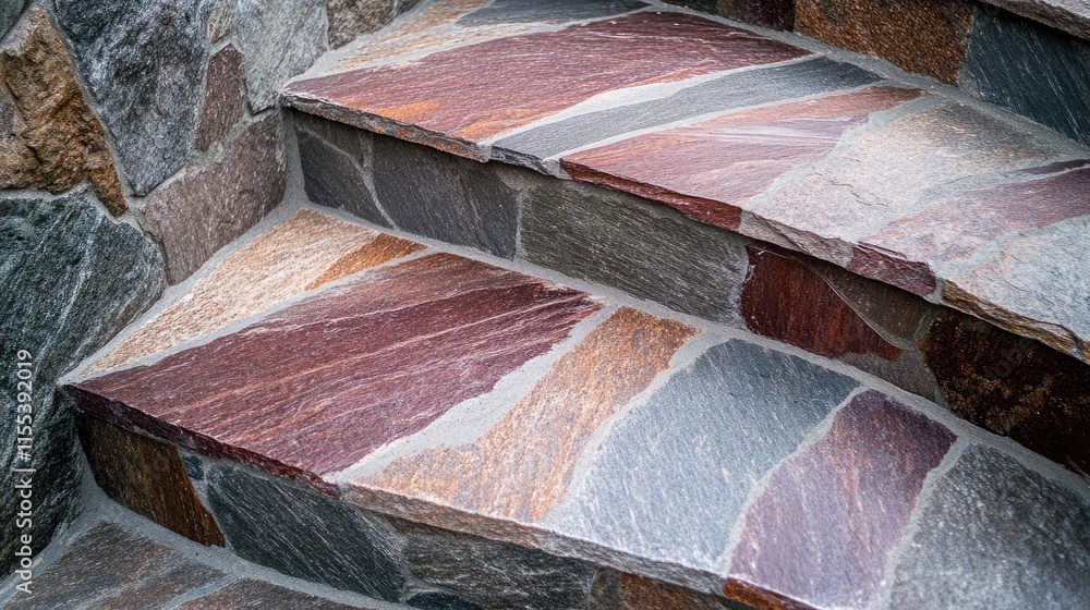 Aufkleber textured staircase featuring a unique pattern of red and gray stone steps complemented by natural st