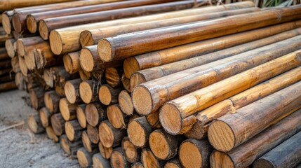 Stacked round wooden poles ready for construction at a factory showcasing lumber storage for future building projects outdoors