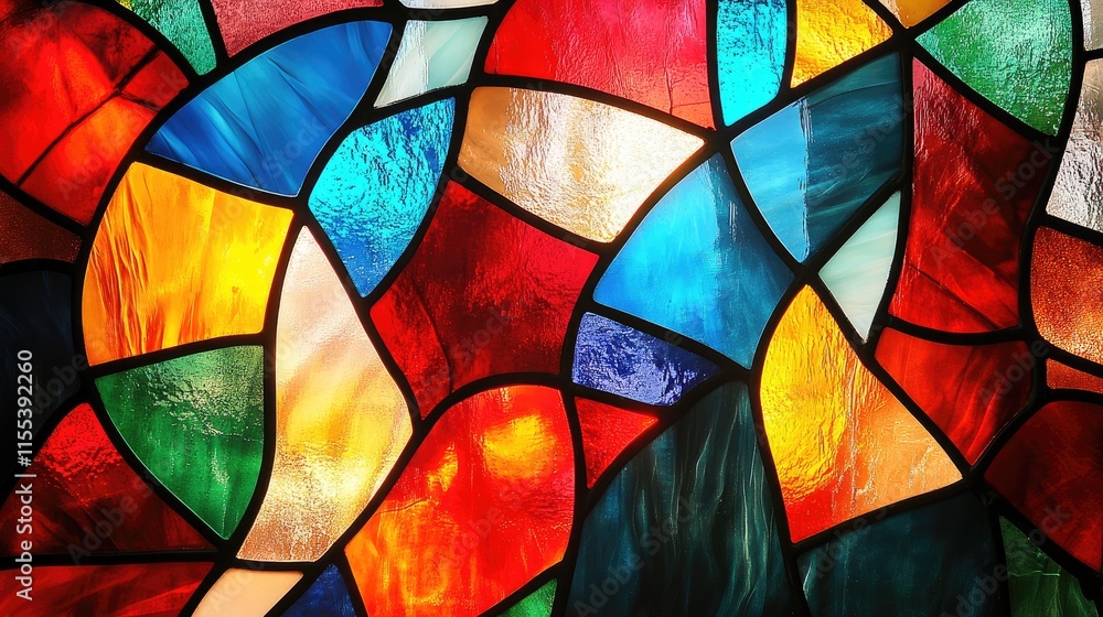 Poster colorful stained glass pattern with vibrant hues and intricate shapes creating a stunning abstract d