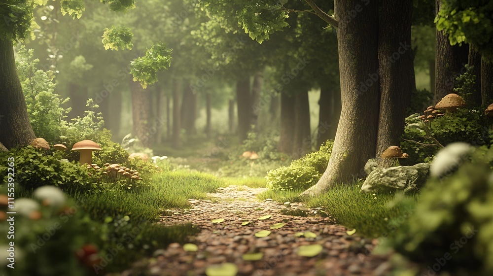 Poster serene sunlit pathway through a lush green forest with mushrooms and trees : generative ai