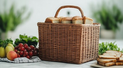 Wicker basket filled with loaves of bread, alongside fresh fruit and vegetables.