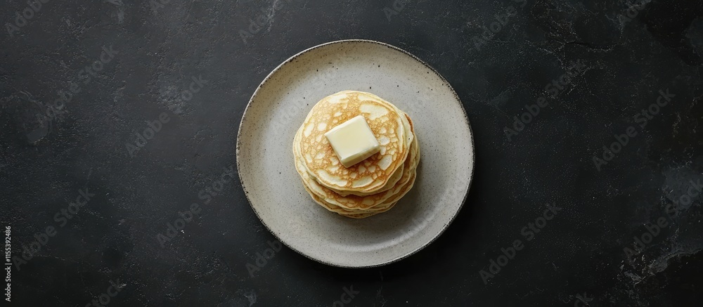 Aufkleber stack of fluffy pancakes topped with butter on a plate against a dark gray background viewed from ab