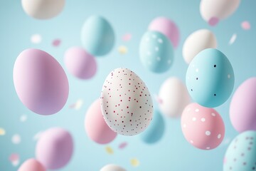 Colorful easter eggs floating on light blue background