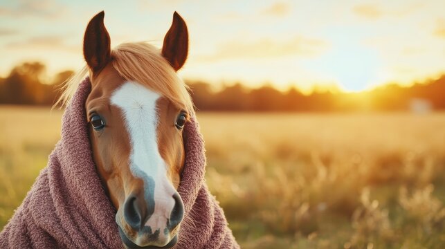 A horse is cozily wrapped in a soft blanket, standing peacefully in a field at sunset, reflecting warmth, tranquility, and connection to nature's beauty.