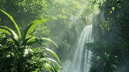Fototapeta premium A lush jungle scene with a waterfall.