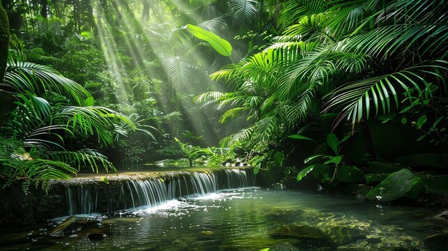 A small waterfall in a lush tropical forest.