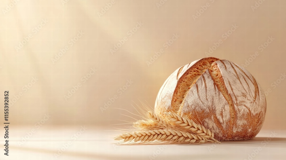 Poster minimalist bread loaf with wheat grains on neutral background showcasing copy space for text and mes