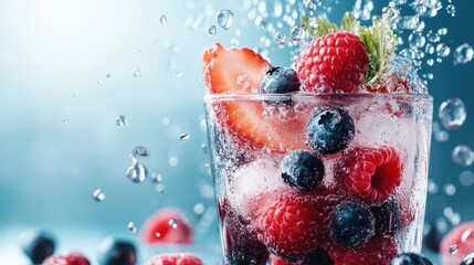 A vibrant shot featuring a mix of strawberries, raspberries, and blueberries in an ice-cold splash, exuding a sense of freshness and invigorating energy in a glass.