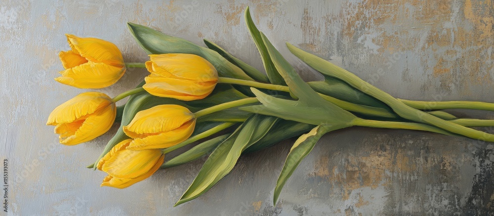 Poster spring bouquet of vibrant yellow tulips elegantly displayed on a textured grey background creating a