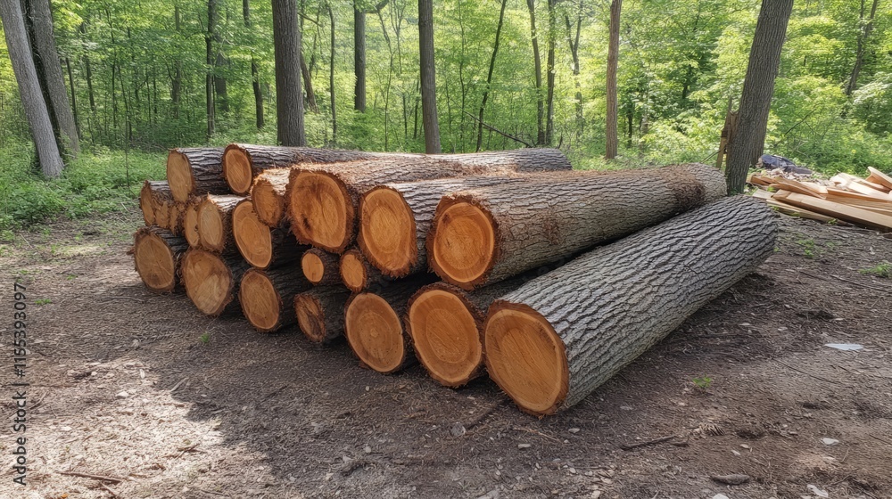 Poster stack of freshly cut tree trunks ready for use in woodworking and construction in a forested area su