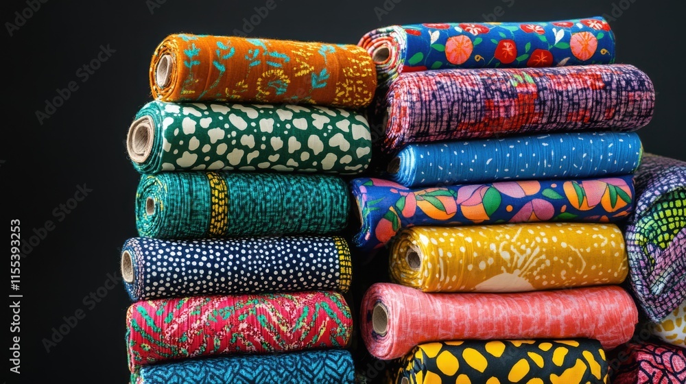 Poster colorful fabric rolls stacked neatly showcasing various vibrant patterns and textures on a dark back