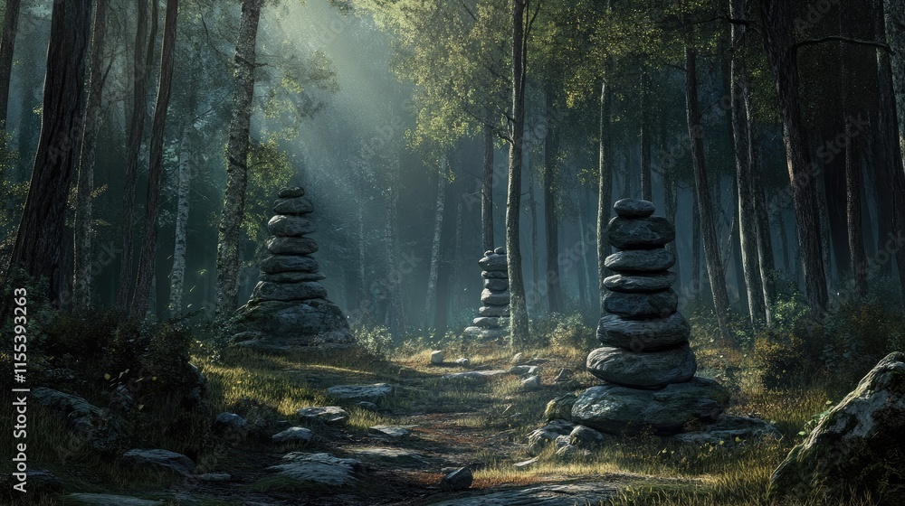 Aufkleber serene forest scene with stacked stones amidst trees and soft sunlight filtering through the foliage