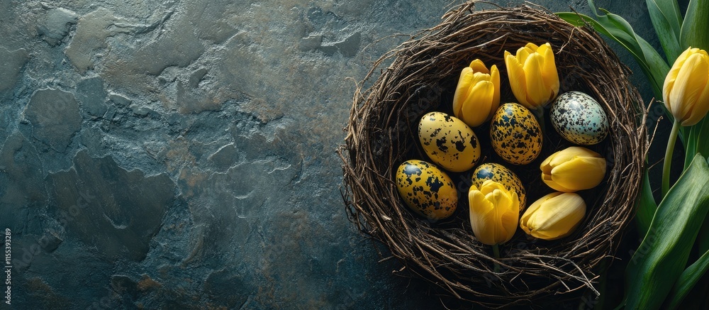 Poster spring easter card with yellow tulips and quail eggs nest on rustic stone table overhead view blank 
