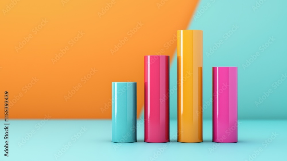 Poster four colorful cylinders representing increasing values in a bar graph, suggesting positive growth an