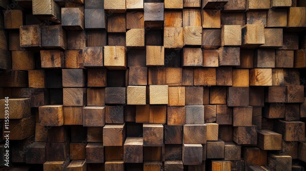 Poster wooden blocks neatly stacked creating an artistic background texture in a rustic warehouse setting.
