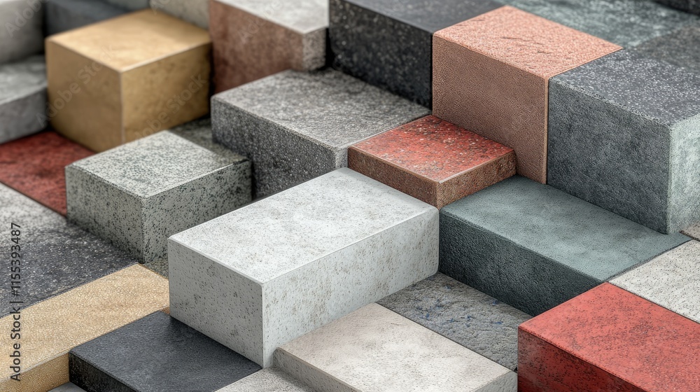 Poster textured layers of colorful stacked tiles in various shapes and sizes arranged for architectural and