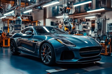 Fototapeta premium Jaguar f-type coupe undergoing assembly in modern car factory