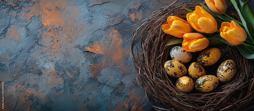 Poster spring greeting card featuring yellow tulips and vibrant quail eggs nestled in a nest on a textured 
