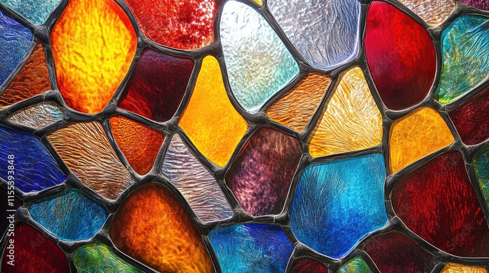 Poster vibrant stained glass mosaic in numerous colors creating a decorative abstract pattern for artistic 