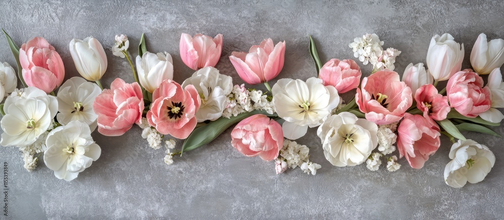 Poster spring floral arrangement on gray background with pink and white tulips symbolizing the arrival of s