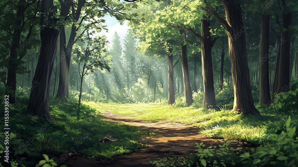Poster Sunlit Forest Path Surrounded by Lush Greenery and Towering Trees : Generative AI