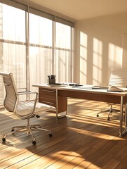 Modern Sunlit Office Interior with Sleek Furniture and Wooden Flooring : Generative AI