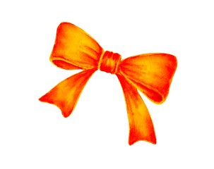 Watercolour illustration Isolated hand drawn holiday orange bow. Stylish decorative element, prints on a white background