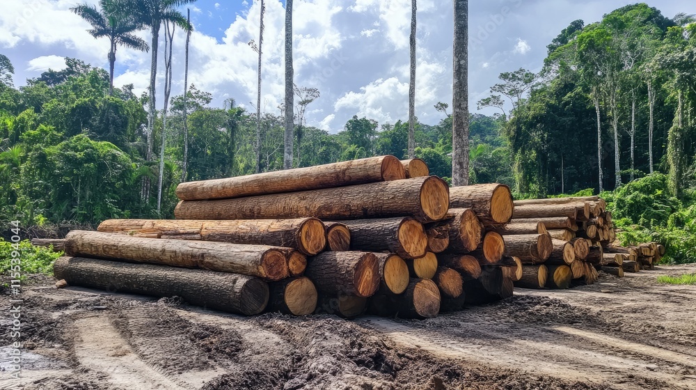 Poster stacked logs from freshly logged trees in a forested area surrounded by greenery and tall trees unde