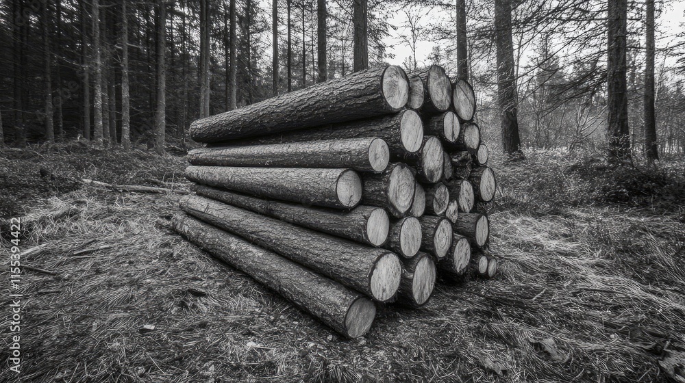 Poster wooden log stack in forest showcasing natural texture and form ideal for environmental and forestry 
