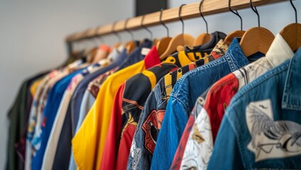 Rack of Vintage and Retro-Inspired Clothing Displayed in Urban Setting with Wooden Hangers